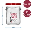 Eenvoudige pot 346ml fi 82 met kleurrijke opdruk "Made With Love" en bordeauxrood deksel, 3 stuks - 6 ['pot met opdruk', ' potten voor conserven', ' decoratieve potten', ' pot met opschrift', ' decoratieve pot', ' potten voor jam', ' glazen pot met deksel', ' pot voor conserven met deksel', ' TO pot', ' twist-off pot']