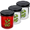 Eenvoudige pot 346ml fi 82 met kleurrijke opdruk "Yum Yum" en zwarte deksel, 3 stuks  - 1 ['pot met opdruk', ' potten voor conserven', ' decoratieve potten', ' pot met opschrift', ' decoratieve pot', ' potten voor jam', ' glazen pot met deksel', ' pot voor conserven met deksel']