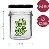 Eenvoudige pot 346ml fi 82 met kleurrijke opdruk "Yum Yum" en zwarte deksel, 3 stuks - 6 ['pot met opdruk', ' potten voor conserven', ' decoratieve potten', ' pot met opschrift', ' decoratieve pot', ' potten voor jam', ' glazen pot met deksel', ' pot voor conserven met deksel']