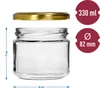 Lage pot 330ml - met gouden deksel fi 82/6, 6 stuks - 7 ['lage pot', ' glazen pot', ' pot 330ml', ' twist-off deksel', ' pot voor jam', ' opslagcontainer', ' zelfgemaakte conserven', ' pot voor haring', ' pot voor salade', ' pot voor dessert']