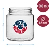 Pot TO 580ml fi 82 met kleurrijke opdruk en zwarte deksel, 3 stuks. - 6 ['pot met opdruk', ' voor conserven', ' pot met opschriften', ' decoratieve pot', ' pot met deksel', ' pot 580 ml', ' decoratieve pot', ' zwarte deksels voor potten', '']