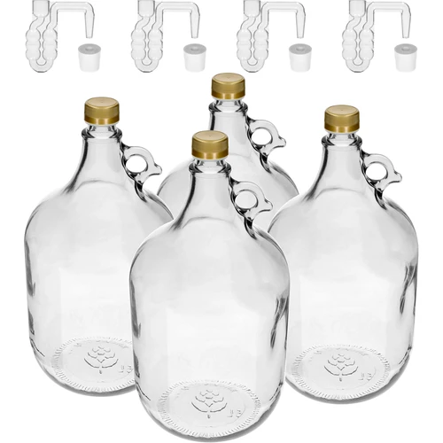 4 x Dame 5L met kurk en fermentatiebuis en dop.  - 1 ['karaf', ' karaf voor wijn', ' dame karaf', ' dame 5 L', ' ballon 5 L', ' demijohn', ' ballon', ' dame fles 5L', ' ballon karaf voor wijn', ' karaf voor moonshine']