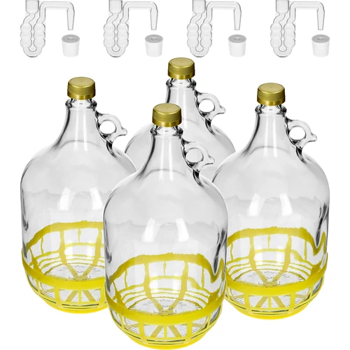 4 x Dame 5L met kurk, fermentatiebuis, dop en mand  - 1 ['karaf', ' karaf voor wijn', ' dame karaf', ' dame in mand', ' dame 5 L', ' ballon 5 L', ' demijohn', ' ballon in mand', ' fles dame 5L in mand', ' ballon karaf voor wijn', ' karaf voor brouwsel']