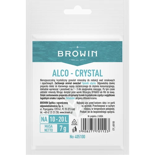 Alco-crystal - middel ter verbetering van de kwaliteiten van alcohol  - 1 ['middel om de smaak van alcohol te verbeteren', ' middel om de geur van alcohol te verbeteren', ' verbetering van de kwaliteiten van alcohol', ' correctie van smaakgebreken van alcohol', ' toevoegingen aan alcohol']