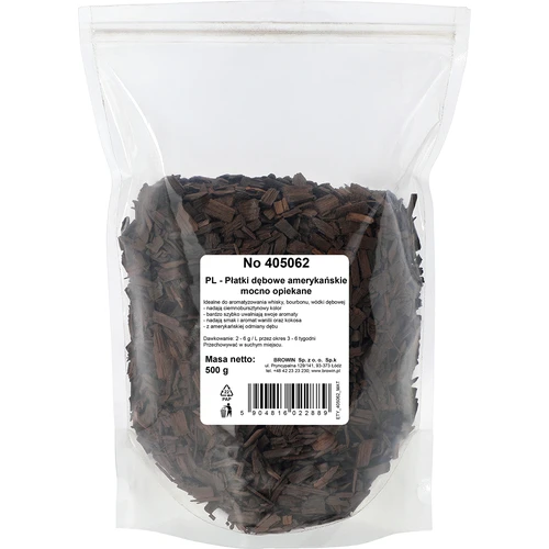 Amerikaanse eiken vlokken zwaar geroosterd, 500g - 2 ['eiken chips', ' eiken vlokken', ' natuurlijke eiken vlokken', ' zwaar geroosterde eiken vlokken', ' eiken vlokken voor whisky', ' eiken vlokken voor bourbon', ' vlokken voor brandy', ' vlokken voor eiken wodka', ' veroudering van dranken', ' aromatiseren van dranken', ' voor alcohol', ' toevoegingen aan alcohol', ' smaaktoevoegingen', ' eiken vlokken 500 g', ' Amerikaanse eiken snippers', ' vlokken van Amerikaans eiken', ' aromatiserende vlokken', ' zwaar geroosterde chips', ' hoe gemakkelijk whisky te maken', ' eiken vlokken halve kg']