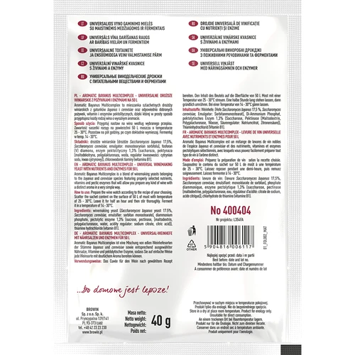 Aromatic Bayanus Multicomplex startpakket voor wijn, 40 g - 2 ['bayanus gist', ' bayanus', ' wijngist', ' wijn 18%', ' gist + voedingsstof', ' voor fruitwijnen', ' voor 50 l wijn', ' recept voor wijn', ' fermentatie in pulp', ' sterke wijn', ' pecto-enzym']