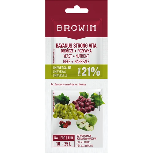 Bayanus-gist + voedingsstof - Universeel - 21%, 17 g  - 1 ['wijnbouwgist', ' Bayanus-gist', ' voor rode wijn', ' voor witte wijn', ' voor druivenwijn', ' voor roséwijn', ' voedingsstof voor gist', ' voor fruitwijn', ' sterke wijn', ' 21%']