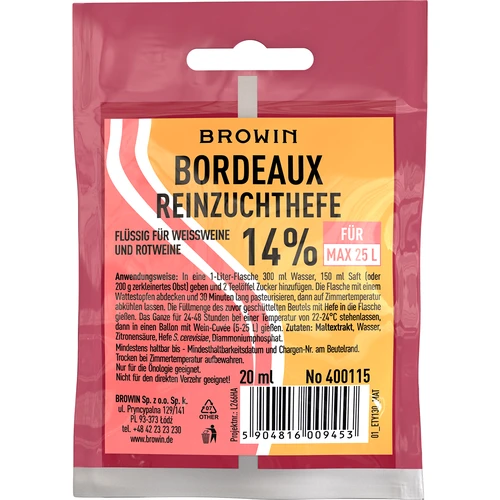 Bordeaux wijngist, 20 ml DE/EN  - 1 ['bordeaux gist', ' wijngist', ' gist voor wijn', ' vloeibare wijngist', ' vloeibare gist', ' vloeibare gist voor wijn', ' gist voor rode wijn', ' gist voor witte wijn', ' zelfgemaakte wijn']