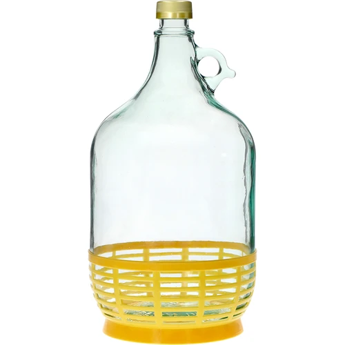 Dame Karaf 5 L met dop en plastic mand  - 1 ['karaf', ' karaf voor wijn', ' dame karaf', ' dame in mand', ' dame 5 L', ' ballon 5 L', ' demijohn', ' ballon in mand', ' fles dame 5L in mand', ' ballon', ' karaf voor wijn', ' karaf voor sterke drank']
