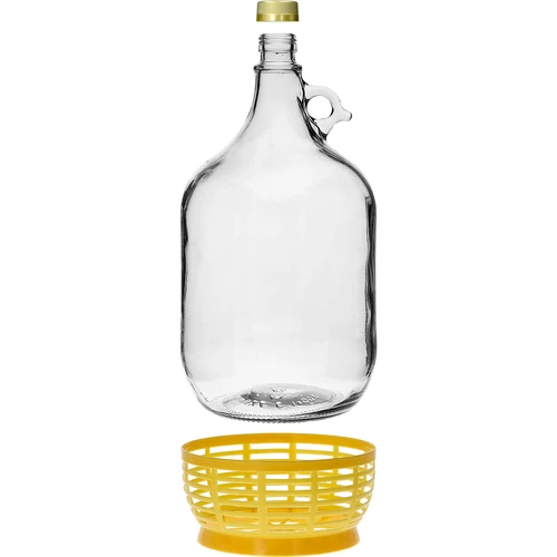 Dame Karaf 5 L met dop en plastic mand - 2 ['karaf', ' karaf voor wijn', ' dame karaf', ' dame in mand', ' dame 5 L', ' ballon 5 L', ' demijohn', ' ballon in mand', ' fles dame 5L in mand', ' ballon', ' karaf voor wijn', ' karaf voor sterke drank']