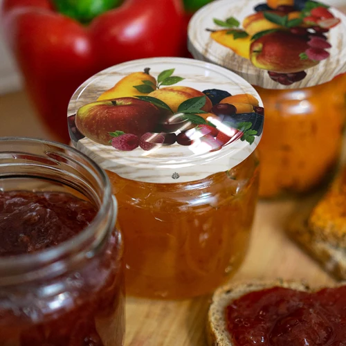Deksel fi 66/4 fruit op witte achtergrond - 10 stuks - 5 ['deksels voor potten', ' schroefdoppen voor potten', ' deksels voor potten', ' fruitdeksels', ' deksels met fruit', ' decoratieve deksels voor potten', ' deksels met 4 klemmen', ' deksels met klik', ' deksels voor jam', ' deksels voor confituur', ' deksels voor compotes']