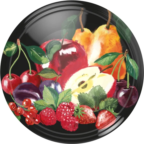 Deksel fi 66/4 fruit op zwarte achtergrond - 10 stuks  - 1 ['doppen', ' potten', ' doppen voor jam', ' opslag', ' potdeksels', ' seizoensfruit', ' deksels voor potten', ' deksel fi 66', ' klikdeksels']