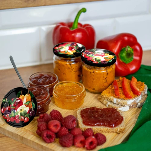 Deksel fi 66/4 fruit op zwarte achtergrond - 10 stuks - 6 ['doppen', ' potten', ' doppen voor jam', ' opslag', ' potdeksels', ' seizoensfruit', ' deksels voor potten', ' deksel fi 66', ' klikdeksels']