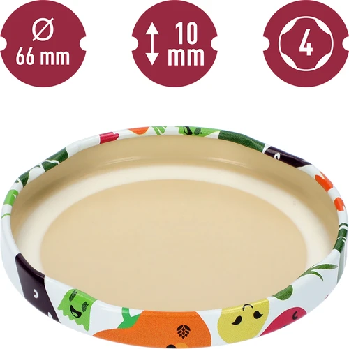 Deksel fi 66/4 groente gezichtjes - los - 4 ['deksels voor potten', ' deksels voor conserven', ' kleurrijke deksels', ' voor potten fi 66', ' voor pasteuriseren', ' deksels met klik']