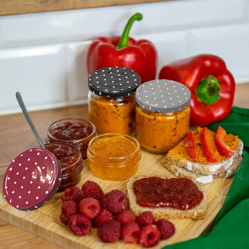 Deksel fi 66/4 stippen mix - 10 stuks. - 9 ['deksel voor pot', ' klikdeksels', ' deksels voor potten', ' TO deksels', ' twist-off deksels', ' deksels fi 66', ' deksels met stippen', ' deksels met stippen', ' deksels fi 66', ' deksels met 4 haken', ' browin deksels', '']