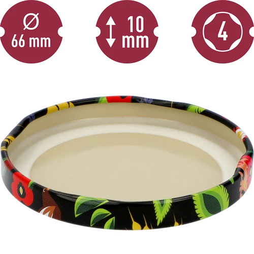 Deksel fi 66/4 zwart Folk - 10 stuks - 4 ['Deksels voor potten', ' deksel voor pot', ' deksels fi 66', ' deksels 4 klemmen', ' deksels voor pasteurisatie', ' folkloristische deksels', ' zwarte deksels', ' potdeksels', ' voor conserven']