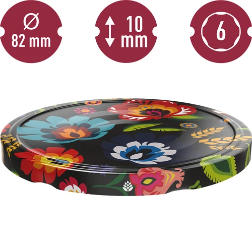Deksel fi 82/6 Folk zwart - 10 stuks - 3 ['Deksels voor potten', ' deksel voor pot', ' deksels fi 82', ' deksels 4 klemmen', ' deksels voor pasteurisatie', ' folkloristische deksels', ' zwarte deksels', ' potdeksels', ' voor conserven']