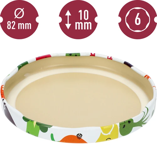 Deksel fi 82/6 groente gezichtjes - 10 stuks - 4 ['deksels voor potten', ' deksels voor conserven', ' kleurrijke deksels', ' voor potten fi 82', ' voor pasteuriseren', ' deksels met klik', ' deksels met groenten']