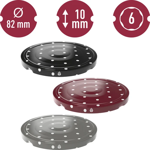 Deksel fi 82/6 stippen mix - 10 stuks - 2 ['deksel voor pot', ' klikdeksels', ' deksels voor potten', ' TO deksels', ' twist-off deksels', ' deksels fi 68', ' deksels met stippen', ' deksels met stippen', ' deksels fi 68', ' deksels met 4 haken', ' browin deksels']