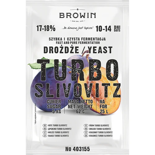 Distilleergist Turbo Slivovitz - 2 ['turbo gist', ' gist voor brouwsel', ' gist voor brouwsel', ' gist voor pruimenbrandewijn', ' pruimenbrandewijn', ' voor fruitmengsels', ' fruitmengsel']
