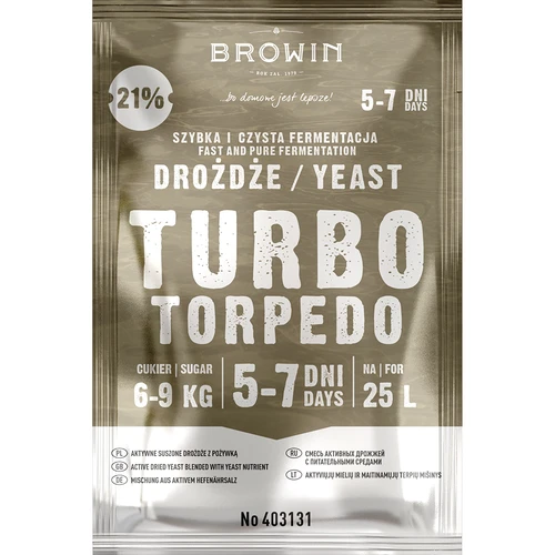 Distilleergist Turbo Torpedo 5-7 dagen 21% 100g - 2 ['turbo gist', ' distilleergist', ' gist voor alcohol', ' voor fruitmengsels', ' gist voor aardappelen', ' gist tot 21%', ' voor brouwsel', ' sterke gist', ' distillatie', ' voor hooggradige mengsels', ' browin gist', ' gist voor whiskey', ' gist voor wodka van aardappelen', ' zelfgemaakte alcohol']