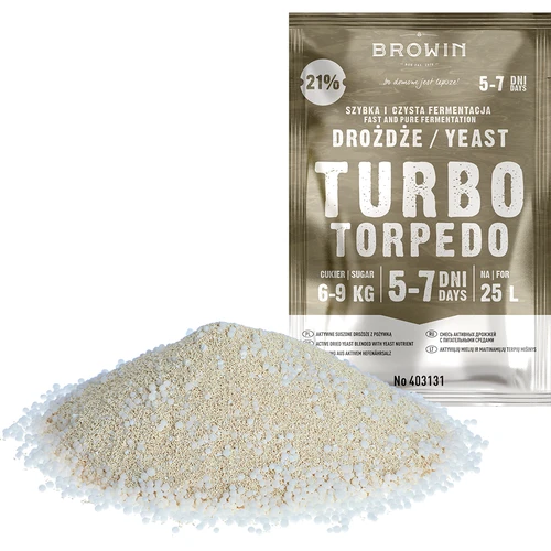 Distilleergist Turbo Torpedo 5-7 dagen 21% 100g - 4 ['turbo gist', ' distilleergist', ' gist voor alcohol', ' voor fruitmengsels', ' gist voor aardappelen', ' gist tot 21%', ' voor brouwsel', ' sterke gist', ' distillatie', ' voor hooggradige mengsels', ' browin gist', ' gist voor whiskey', ' gist voor wodka van aardappelen', ' zelfgemaakte alcohol']