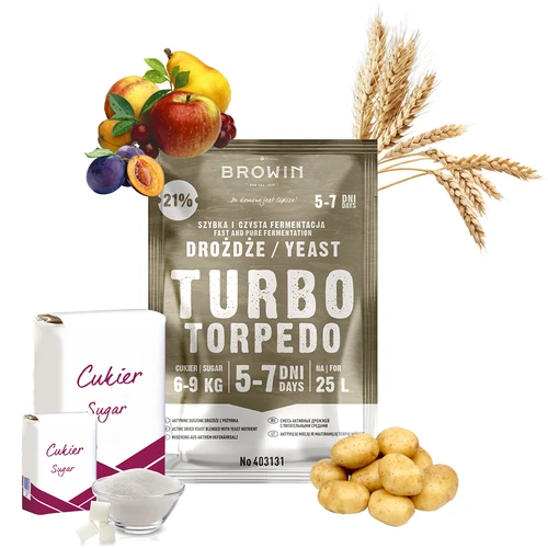 Distilleergist Turbo Torpedo 5-7 dagen 21% 100g - 5 ['turbo gist', ' distilleergist', ' gist voor alcohol', ' voor fruitmengsels', ' gist voor aardappelen', ' gist tot 21%', ' voor brouwsel', ' sterke gist', ' distillatie', ' voor hooggradige mengsels', ' browin gist', ' gist voor whiskey', ' gist voor wodka van aardappelen', ' zelfgemaakte alcohol']