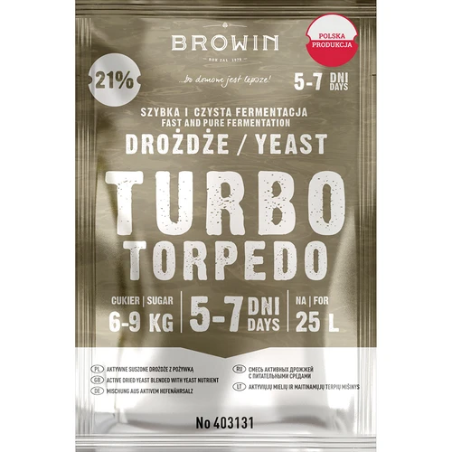 Distilleergist Turbo Torpedo 5-7 dagen 21% 100g  - 1 ['turbo gist', ' distilleergist', ' gist voor alcohol', ' voor fruitmengsels', ' gist voor aardappelen', ' gist tot 21%', ' voor brouwsel', ' sterke gist', ' distillatie', ' voor hooggradige mengsels', ' browin gist', ' gist voor whiskey', ' gist voor wodka van aardappelen', ' zelfgemaakte alcohol']