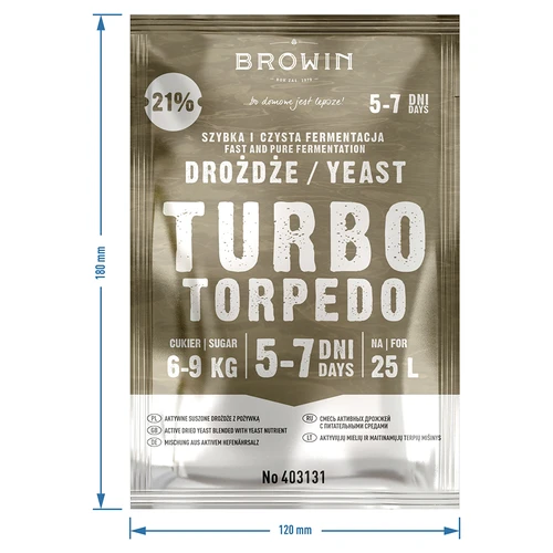 Distilleergist Turbo Torpedo 5-7 dagen 21% 100g - 7 ['turbo gist', ' distilleergist', ' gist voor alcohol', ' voor fruitmengsels', ' gist voor aardappelen', ' gist tot 21%', ' voor brouwsel', ' sterke gist', ' distillatie', ' voor hooggradige mengsels', ' browin gist', ' gist voor whiskey', ' gist voor wodka van aardappelen', ' zelfgemaakte alcohol']