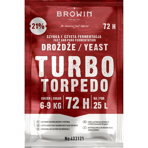 Distilleergist Turbo Torpedo 72u 21% - 120 g - 2 ['turbo gist', ' distilleergist', ' gist voor alcohol', ' voor fruitmengsels', ' gist voor aardappelen', ' gist voor 21%', ' voor brouwsel', ' sterke gist', ' distillatie', ' voor hooggradige mengsels', ' browin gist', ' gist voor whiskey', ' gist voor wodka van aardappelen', ' zelfgemaakte alcohol', ' gist 72u']