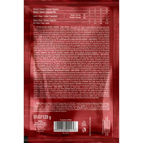 Distilleergist Turbo Torpedo 72u 21% - 120 g - 3 ['turbo gist', ' distilleergist', ' gist voor alcohol', ' voor fruitmengsels', ' gist voor aardappelen', ' gist voor 21%', ' voor brouwsel', ' sterke gist', ' distillatie', ' voor hooggradige mengsels', ' browin gist', ' gist voor whiskey', ' gist voor wodka van aardappelen', ' zelfgemaakte alcohol', ' gist 72u']