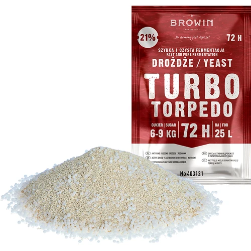 Distilleergist Turbo Torpedo 72u 21% - 120 g - 5 ['turbo gist', ' distilleergist', ' gist voor alcohol', ' voor fruitmengsels', ' gist voor aardappelen', ' gist voor 21%', ' voor brouwsel', ' sterke gist', ' distillatie', ' voor hooggradige mengsels', ' browin gist', ' gist voor whiskey', ' gist voor wodka van aardappelen', ' zelfgemaakte alcohol', ' gist 72u']