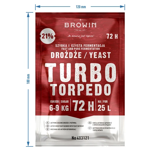 Distilleergist Turbo Torpedo 72u 21% - 120 g - 4 ['turbo gist', ' distilleergist', ' gist voor alcohol', ' voor fruitmengsels', ' gist voor aardappelen', ' gist voor 21%', ' voor brouwsel', ' sterke gist', ' distillatie', ' voor hooggradige mengsels', ' browin gist', ' gist voor whiskey', ' gist voor wodka van aardappelen', ' zelfgemaakte alcohol', ' gist 72u']