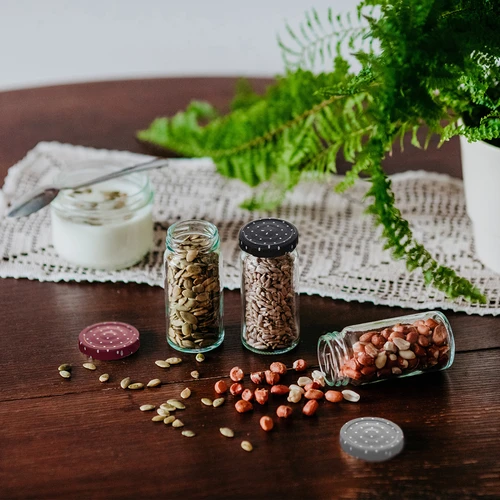 Dop fi 43 mm stippen mix - 10 stuks - 12 ['dop', ' dop met stippen', ' deksels voor potten', ' deksels met stippen', ' kleine deksels', ' deksels voor conserven', ' deksels voor conserven', ' deksels voor potten', ' gekleurde deksels', ' decoratieve deksels', ' decoratieve doppen']