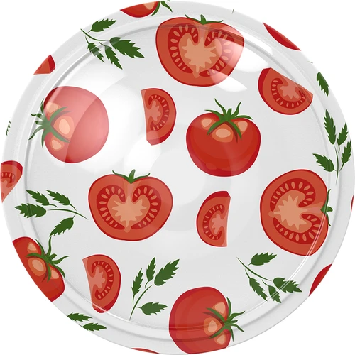 Dop fi 66/4 met tomaten - los  - 1 ['witte dop', ' kleurrijk tomatenpatroon', ' pasteurisatie', ' procescontrole', ' opslag', ' maat fi Tomaten 66', ' voorraadkastdecoratie', ' doppen voor pasteurisatie', ' groentedoppen', ' tomatendoppen']