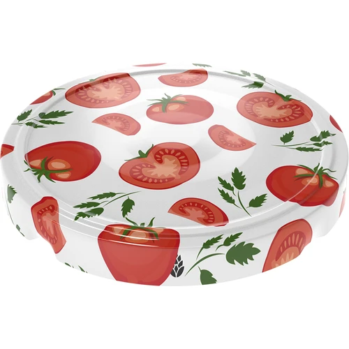 Dop fi 66/4 met tomaten - los - 2 ['witte dop', ' kleurrijk tomatenpatroon', ' pasteurisatie', ' procescontrole', ' opslag', ' maat fi Tomaten 66', ' voorraadkastdecoratie', ' doppen voor pasteurisatie', ' groentedoppen', ' tomatendoppen']