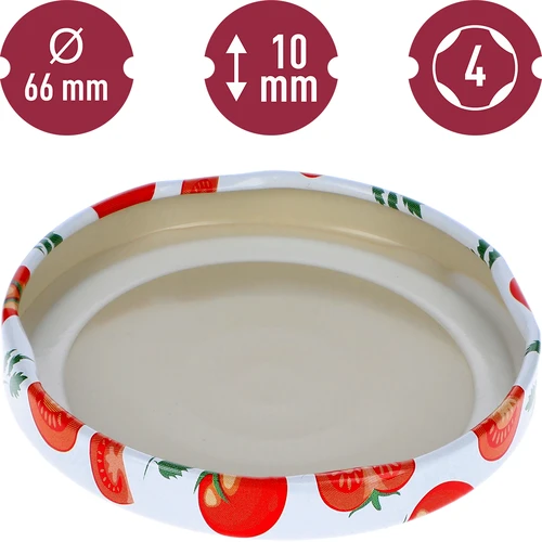 Dop fi 66/4 met tomaten - los - 4 ['witte dop', ' kleurrijk tomatenpatroon', ' pasteurisatie', ' procescontrole', ' opslag', ' maat fi Tomaten 66', ' voorraadkastdecoratie', ' doppen voor pasteurisatie', ' groentedoppen', ' tomatendoppen']
