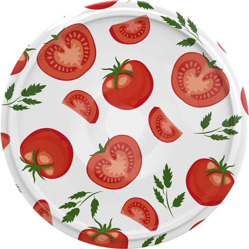 Doppen fi 82/6 tomaten - 10 stuks  - 1 ['witte dop', ' kleurrijk tomatenpatroon', ' pasteurisatie', ' procescontrole', ' opslag', ' maat fi Tomaten 82', ' voorraadkastdecoratie', ' doppen voor pasteurisatie', ' groentedoppen', ' tomatendoppen']