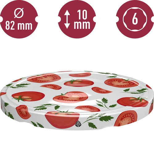 Doppen fi 82/6 tomaten - 10 stuks - 3 ['witte dop', ' kleurrijk tomatenpatroon', ' pasteurisatie', ' procescontrole', ' opslag', ' maat fi Tomaten 82', ' voorraadkastdecoratie', ' doppen voor pasteurisatie', ' groentedoppen', ' tomatendoppen']