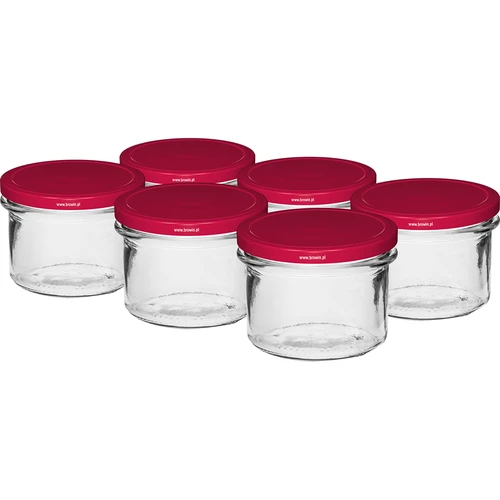 Eenvoudige pot 235 ml (fi82) met bordeauxrood deksel 6 stuks  - 1 ['set van potten', ' potten voor fermenteren', ' potten voor jam', ' pot met deksel', ' potten fi 82', ' potten met 6 clips deksels', ' potten met bordeauxrode deksels', ' voor conserven', ' voor wecken', ' voor vlees', ' pottenverzameling']