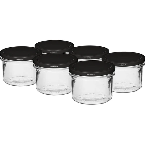 Eenvoudige pot 235 ml (fi82) met zwart deksel 6 stuks  - 1 ['set van potten', ' potten voor jam', ' potten met deksels', ' potten fi 82', ' pot met deksel', ' 6 klemmen', ' potten met zwarte deksels', ' voor conserven', ' voor wecken', ' potten', ' voor vlees']