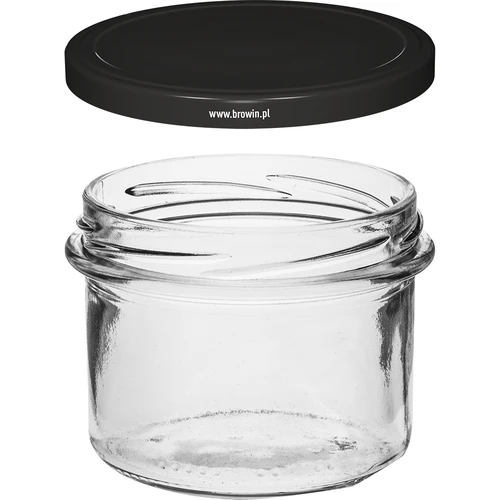 Eenvoudige pot 235 ml (fi82) met zwart deksel 6 stuks - 3 ['set van potten', ' potten voor jam', ' potten met deksels', ' potten fi 82', ' pot met deksel', ' 6 klemmen', ' potten met zwarte deksels', ' voor conserven', ' voor wecken', ' potten', ' voor vlees']