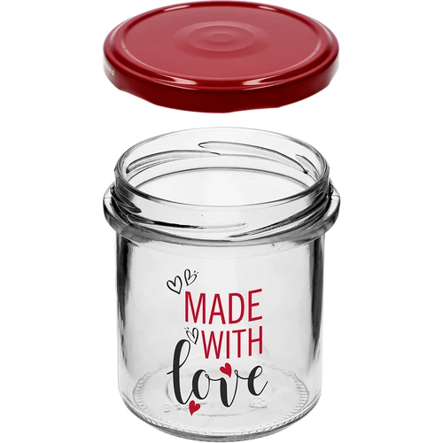 Eenvoudige pot 346ml fi 82 met kleurrijke opdruk "Made With Love" en bordeauxrood deksel, 3 stuks - 5 ['pot met opdruk', ' potten voor conserven', ' decoratieve potten', ' pot met opschrift', ' decoratieve pot', ' potten voor jam', ' glazen pot met deksel', ' pot voor conserven met deksel', ' TO pot', ' twist-off pot']