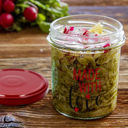Eenvoudige pot 346ml fi 82 met kleurrijke opdruk "Made With Love" en bordeauxrood deksel, 3 stuks - 8 ['pot met opdruk', ' potten voor conserven', ' decoratieve potten', ' pot met opschrift', ' decoratieve pot', ' potten voor jam', ' glazen pot met deksel', ' pot voor conserven met deksel', ' TO pot', ' twist-off pot']