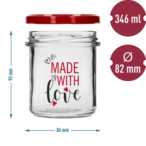 Eenvoudige pot 346ml fi 82 met kleurrijke opdruk "Made With Love" en bordeauxrood deksel, 3 stuks - 6 ['pot met opdruk', ' potten voor conserven', ' decoratieve potten', ' pot met opschrift', ' decoratieve pot', ' potten voor jam', ' glazen pot met deksel', ' pot voor conserven met deksel', ' TO pot', ' twist-off pot']