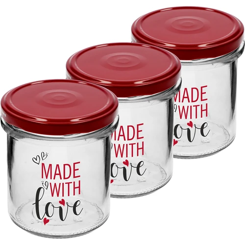 Eenvoudige pot 346ml fi 82 met kleurrijke opdruk "Made With Love" en bordeauxrood deksel, 3 stuks - 2 ['pot met opdruk', ' potten voor conserven', ' decoratieve potten', ' pot met opschrift', ' decoratieve pot', ' potten voor jam', ' glazen pot met deksel', ' pot voor conserven met deksel', ' TO pot', ' twist-off pot']
