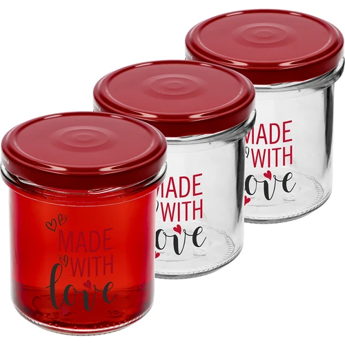Eenvoudige pot 346ml fi 82 met kleurrijke opdruk "Made With Love" en bordeauxrood deksel, 3 stuks  - 1 ['pot met opdruk', ' potten voor conserven', ' decoratieve potten', ' pot met opschrift', ' decoratieve pot', ' potten voor jam', ' glazen pot met deksel', ' pot voor conserven met deksel', ' TO pot', ' twist-off pot']