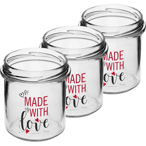 Eenvoudige pot 346ml fi 82 met kleurrijke opdruk "Made With Love" en bordeauxrood deksel, 3 stuks - 3 ['pot met opdruk', ' potten voor conserven', ' decoratieve potten', ' pot met opschrift', ' decoratieve pot', ' potten voor jam', ' glazen pot met deksel', ' pot voor conserven met deksel', ' TO pot', ' twist-off pot']