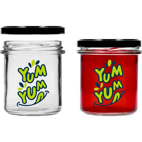 Eenvoudige pot 346ml fi 82 met kleurrijke opdruk "Yum Yum" en zwarte deksel, 3 stuks - 4 ['pot met opdruk', ' potten voor conserven', ' decoratieve potten', ' pot met opschrift', ' decoratieve pot', ' potten voor jam', ' glazen pot met deksel', ' pot voor conserven met deksel']