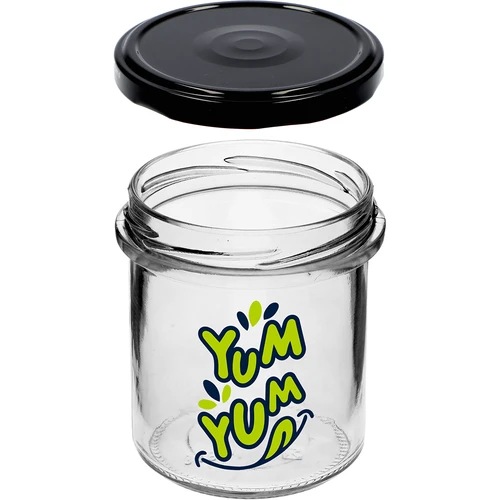 Eenvoudige pot 346ml fi 82 met kleurrijke opdruk "Yum Yum" en zwarte deksel, 3 stuks - 5 ['pot met opdruk', ' potten voor conserven', ' decoratieve potten', ' pot met opschrift', ' decoratieve pot', ' potten voor jam', ' glazen pot met deksel', ' pot voor conserven met deksel']
